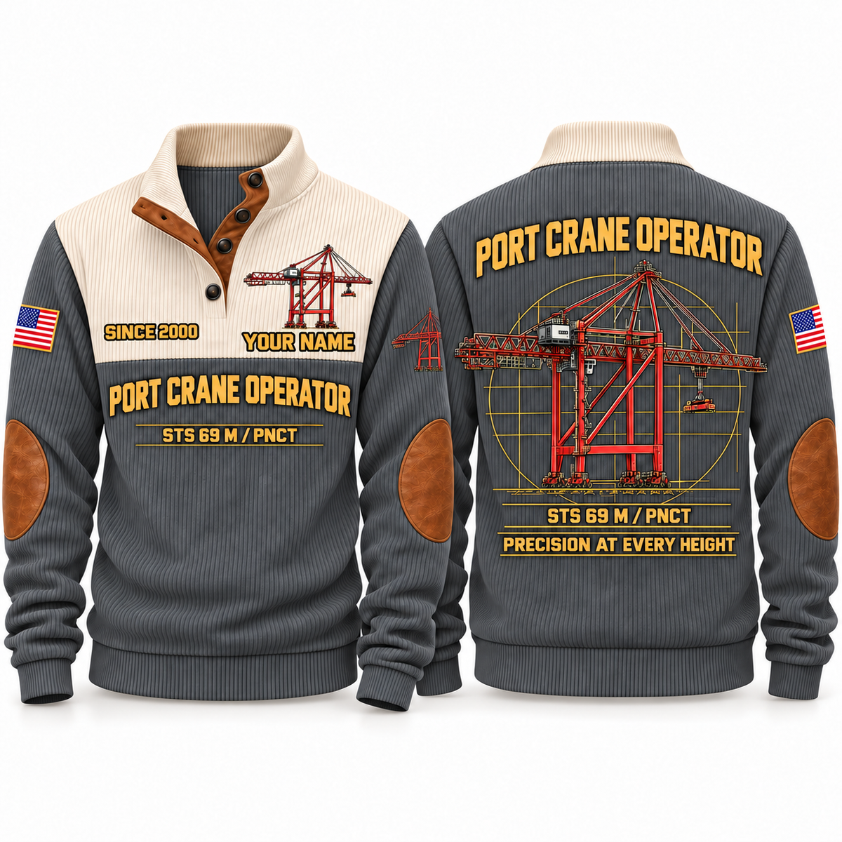 STS 69 m outreach - PNCT configuration Port Crane Operator Sports Sweatshirt in Grey, front and back views, sample YOUR NAME and SINCE 2000 personalization