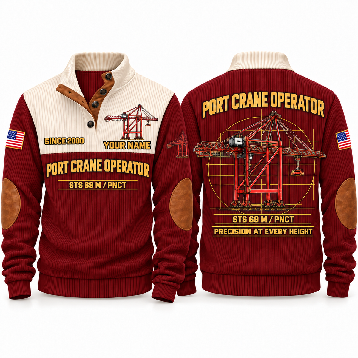 STS 69 m outreach - PNCT configuration Port Crane Operator Sports Sweatshirt in Jujube Red, front and back views, sample YOUR NAME and SINCE 2000 personalization