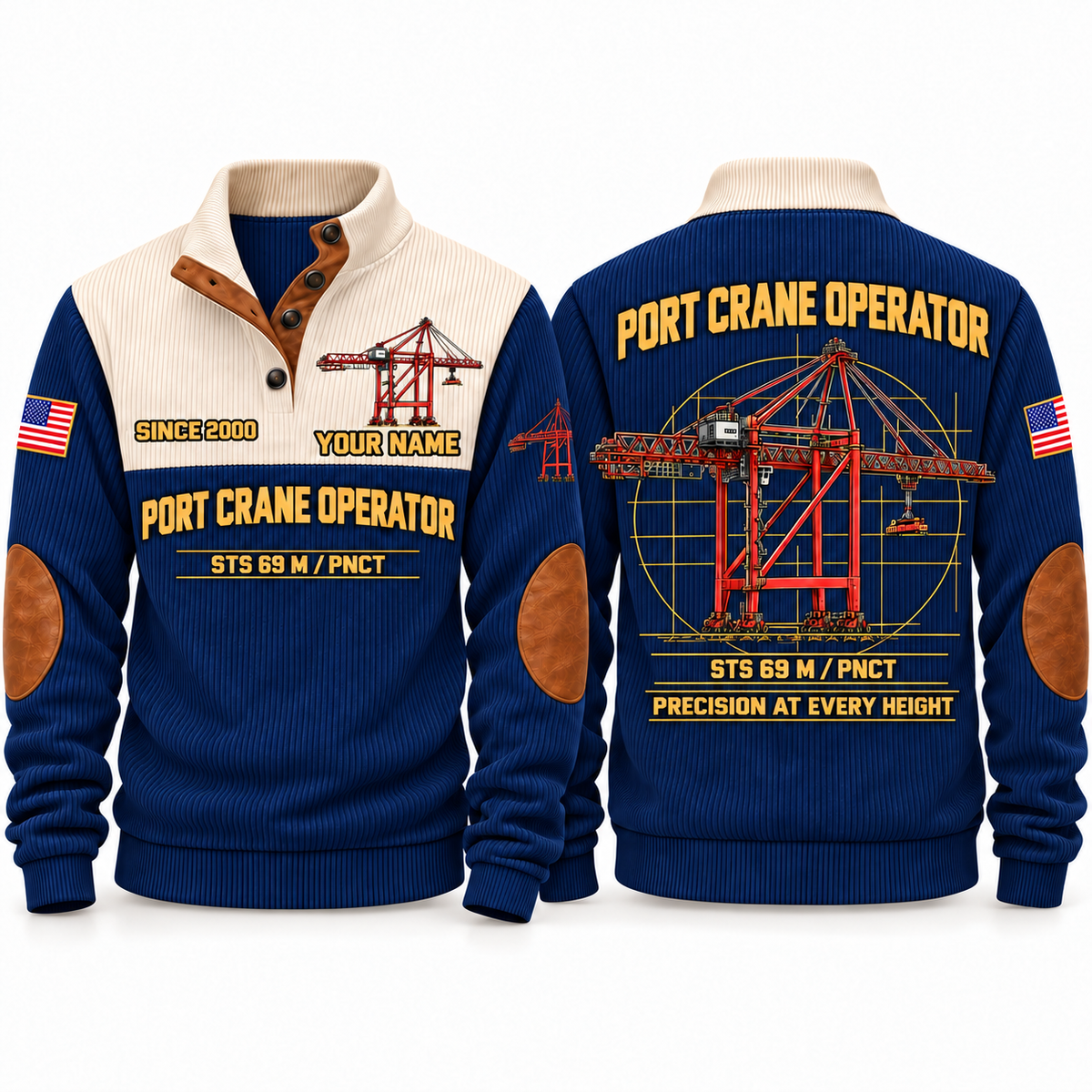 STS 69 m outreach - PNCT configuration Port Crane Operator Sports Sweatshirt in Navy, front and back views, sample YOUR NAME and SINCE 2000 personalization