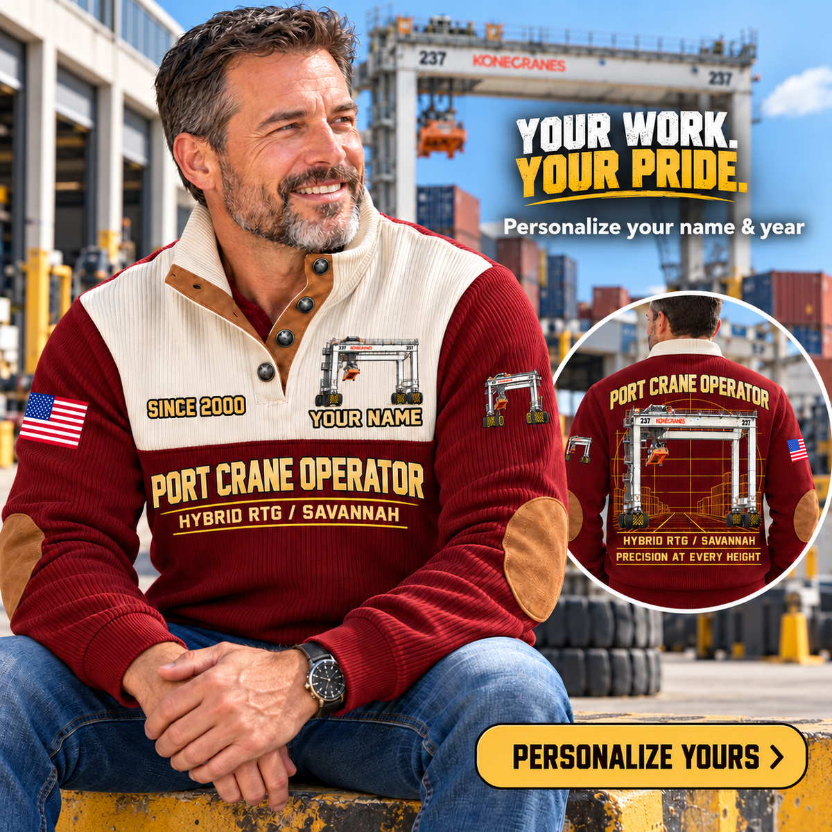 Personalized Konecranes Hybrid RTG Port Crane Sports Sweatshirt - Savannah Configuration in Jujube Red, dedicated lifestyle featured image showing front and back artwork, personalized YOUR NAME and SINCE 2000