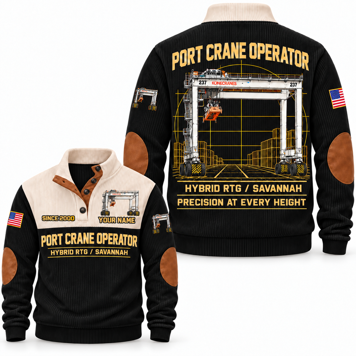 Hybrid RTG - Savannah configuration Port Crane Operator Sports Sweatshirt in Black, front and back views, sample YOUR NAME and SINCE 2000 personalization
