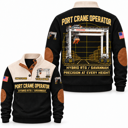 Hybrid RTG - Savannah configuration Port Crane Operator Sports Sweatshirt in Black, front and back views, sample YOUR NAME and SINCE 2000 personalization
