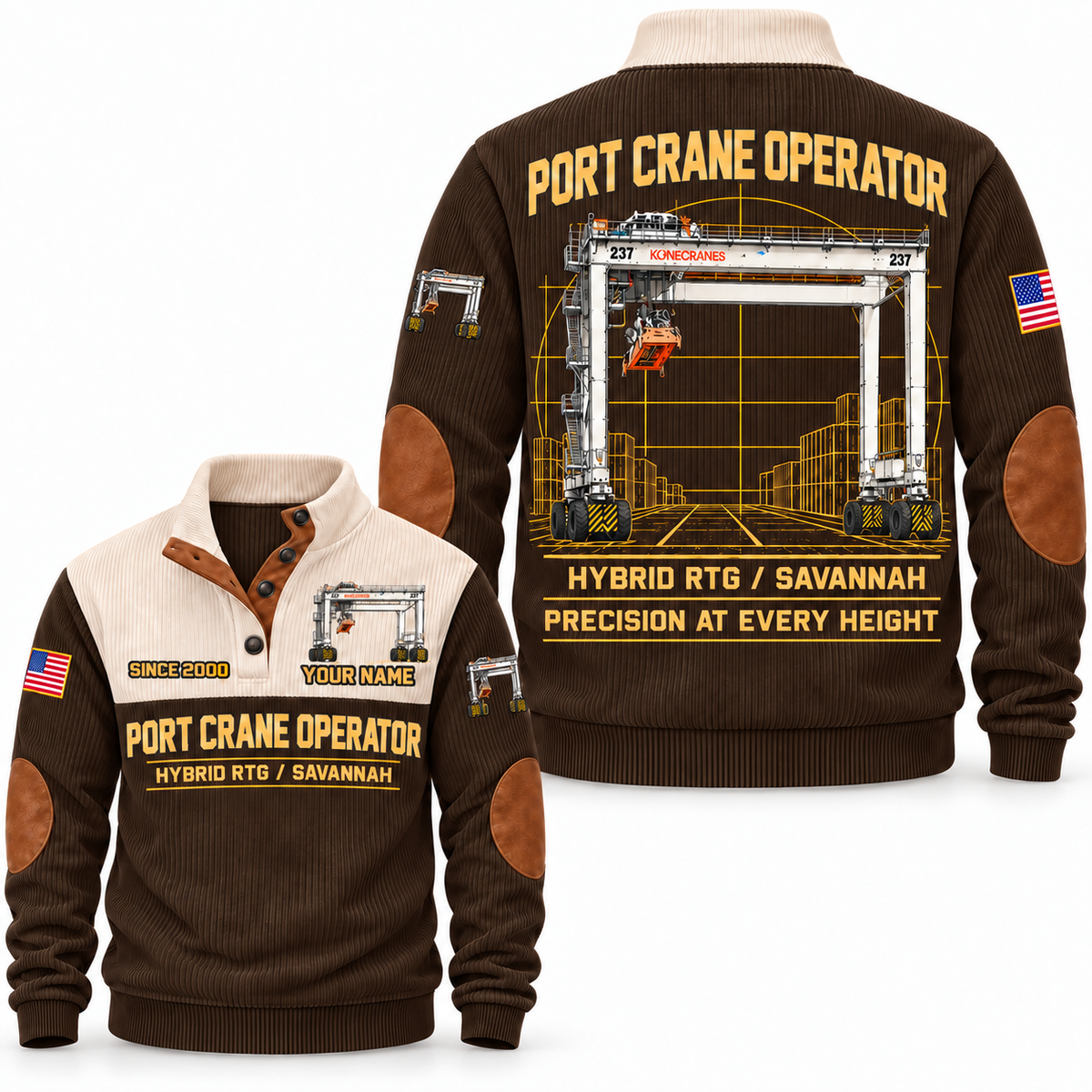 Hybrid RTG - Savannah configuration Port Crane Operator Sports Sweatshirt in Brown, front and back views, sample YOUR NAME and SINCE 2000 personalization