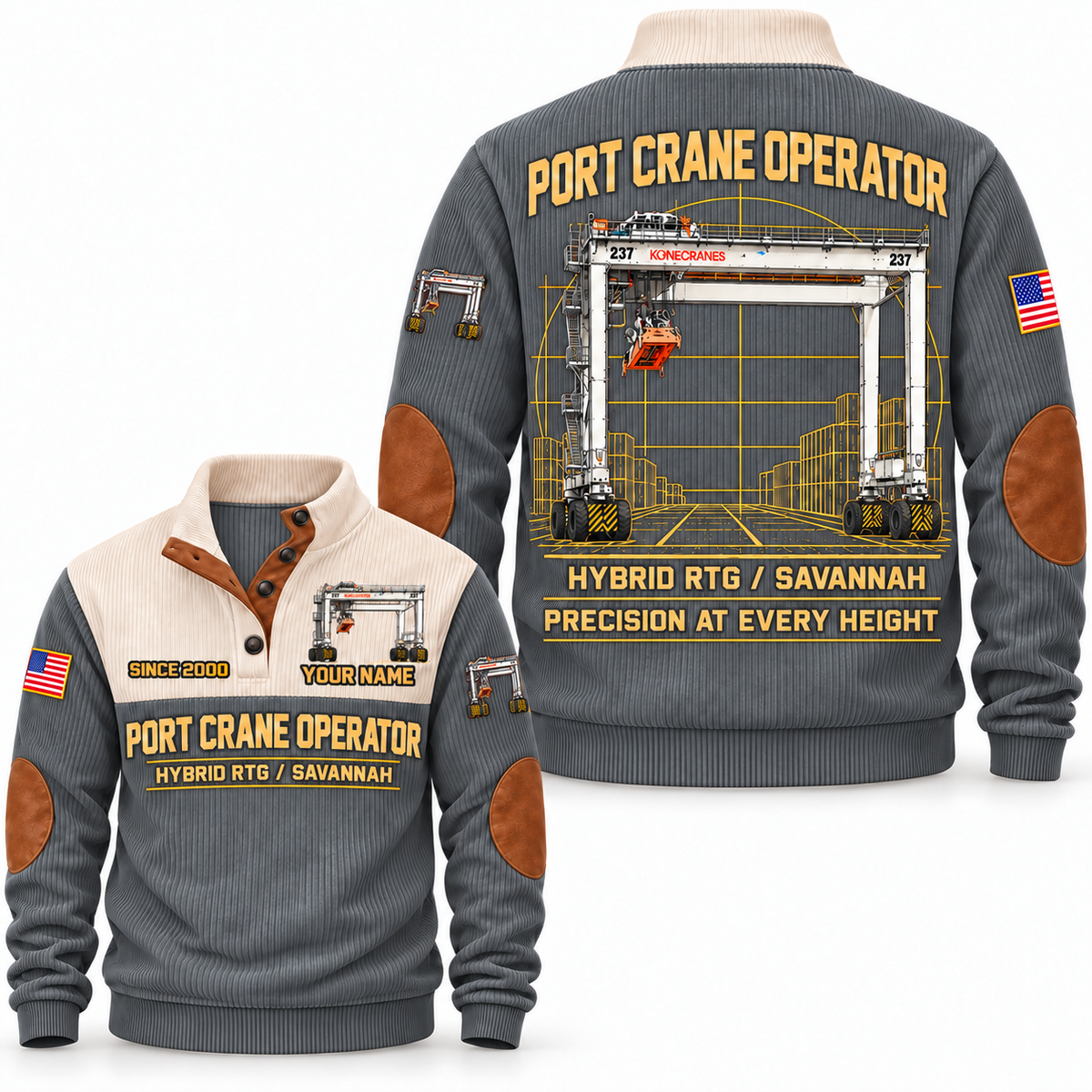 Hybrid RTG - Savannah configuration Port Crane Operator Sports Sweatshirt in Grey, front and back views, sample YOUR NAME and SINCE 2000 personalization