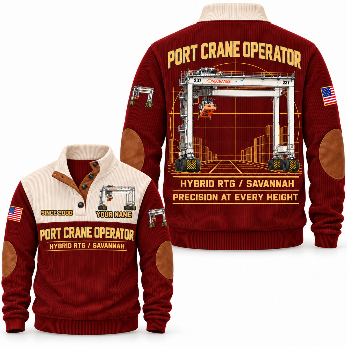 Hybrid RTG - Savannah configuration Port Crane Operator Sports Sweatshirt in Jujube Red, front and back views, sample YOUR NAME and SINCE 2000 personalization