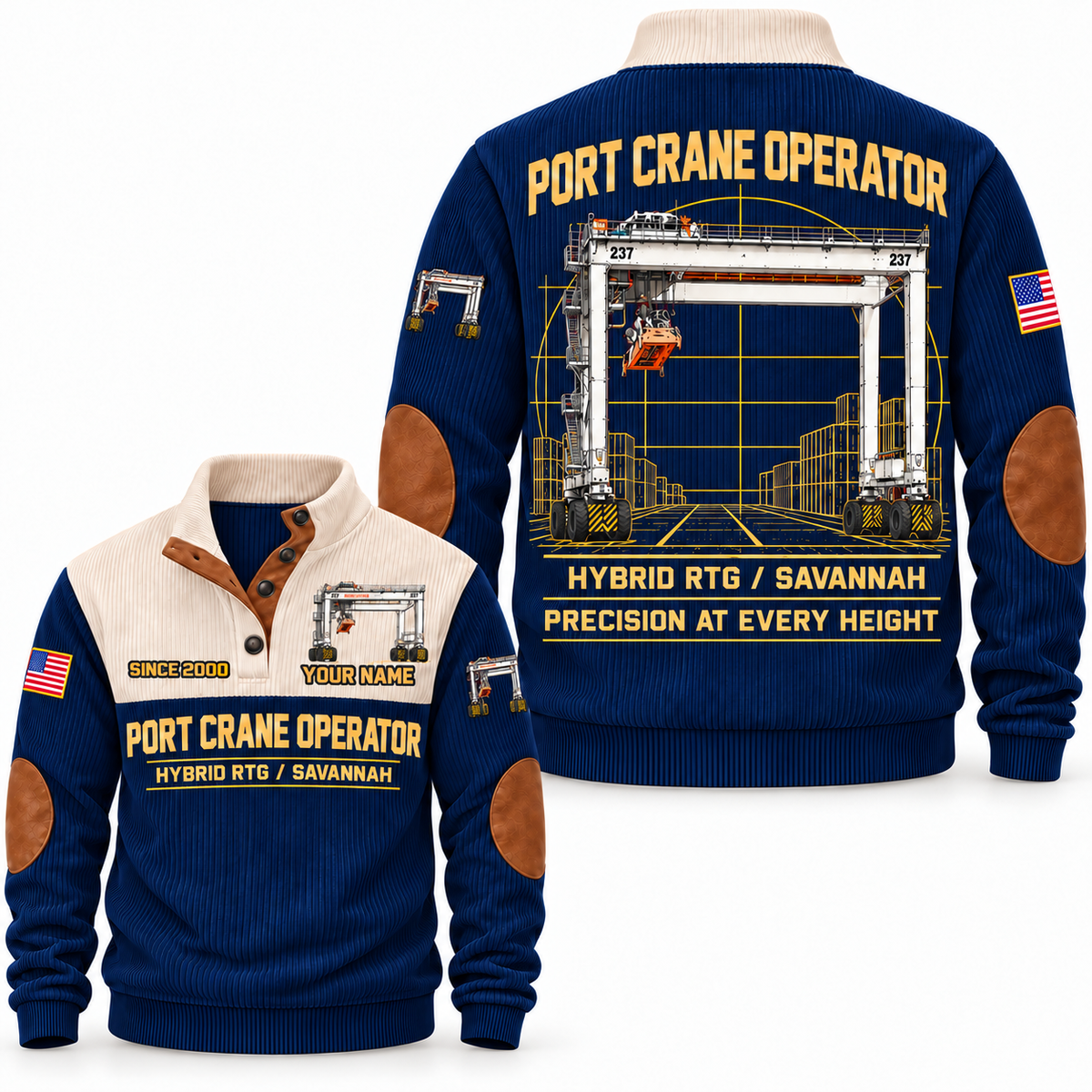 Hybrid RTG - Savannah configuration Port Crane Operator Sports Sweatshirt in Navy, front and back views, sample YOUR NAME and SINCE 2000 personalization