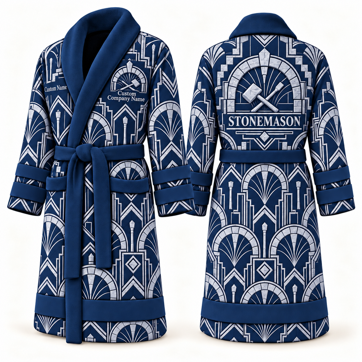 Personalized stonemason Bathrobe art deco craft blue front and back
