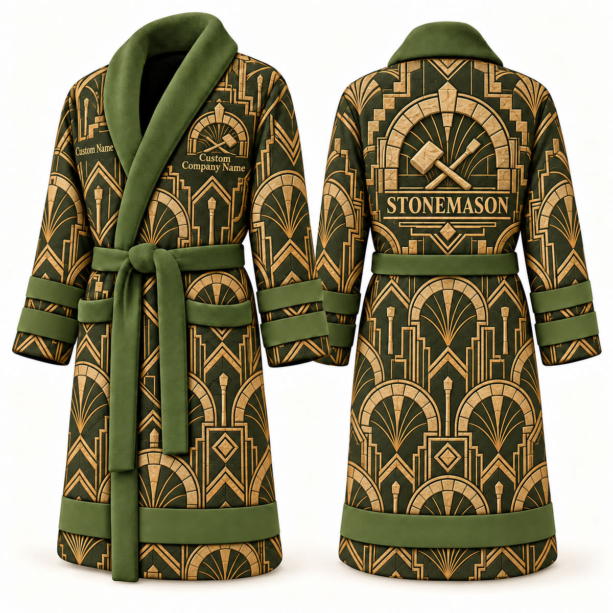 Personalized stonemason Bathrobe art deco craft olive front and back