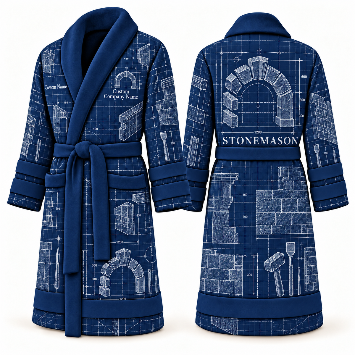 Personalized stonemason Bathrobe blueprint workshop blue front and back