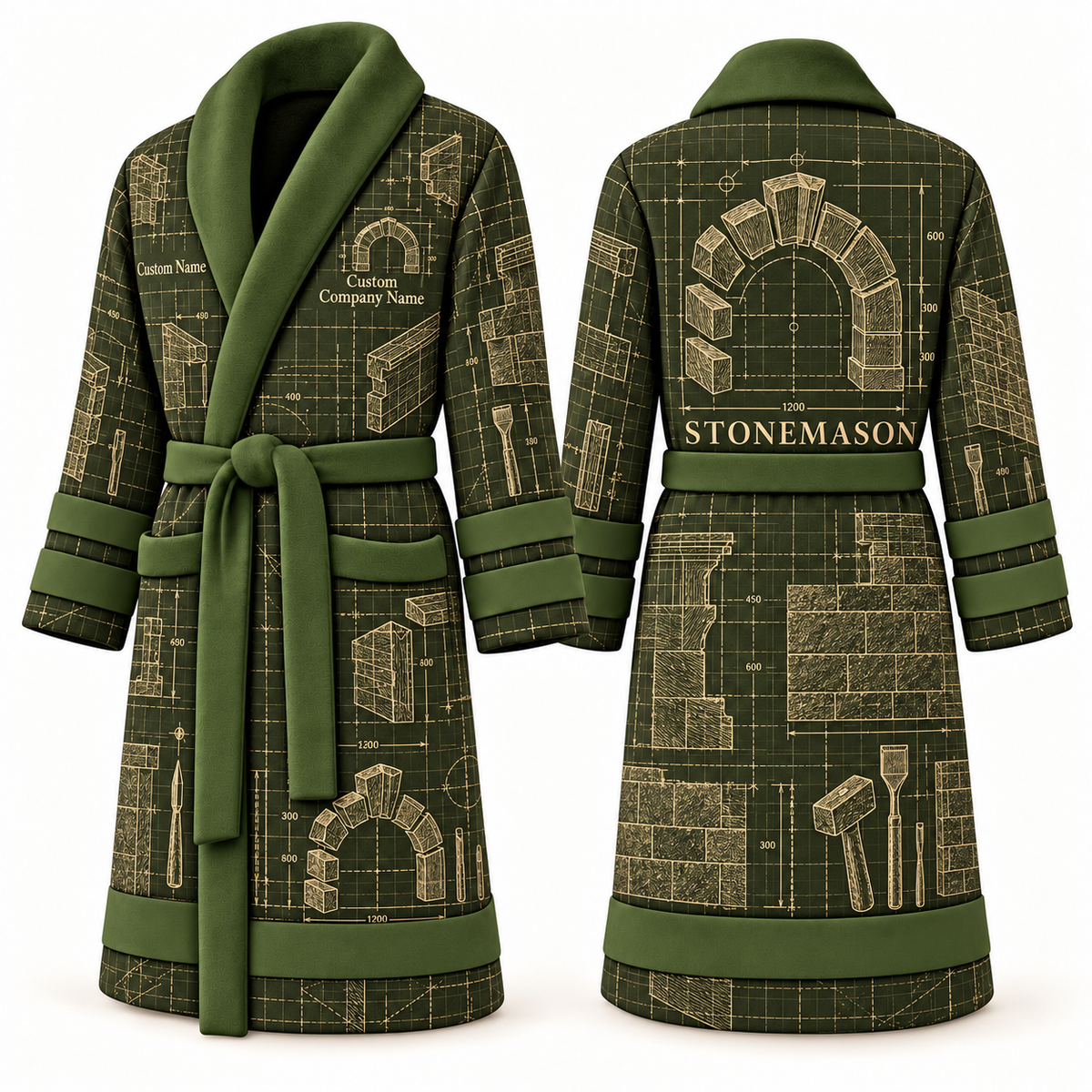 Personalized stonemason Bathrobe blueprint workshop olive front and back