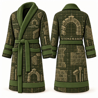 Personalized stonemason Bathrobe blueprint workshop olive front and back