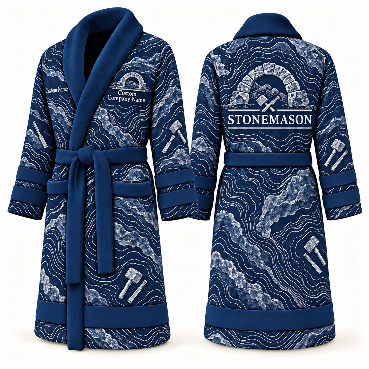 Personalized stonemason Bathrobe contour lines blue front and back
