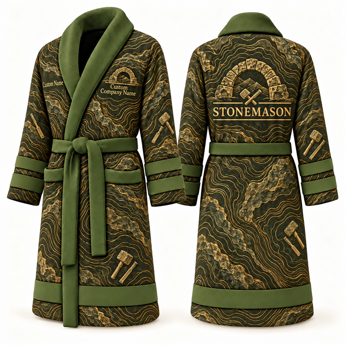 Personalized stonemason Bathrobe contour lines olive front and back
