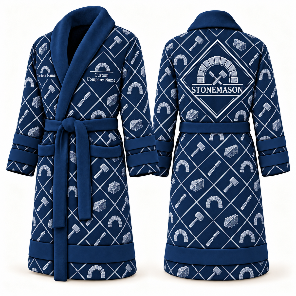 Personalized stonemason Bathrobe diamond emblems blue front and back