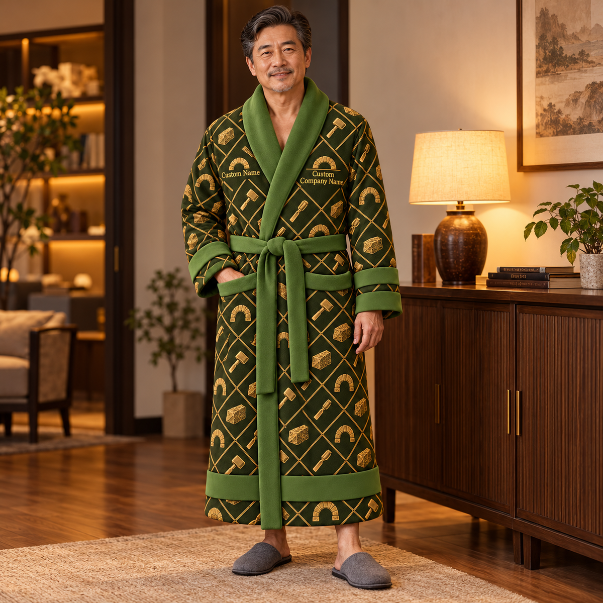 Personalized stonemason Bathrobe diamond emblems Olive lifestyle