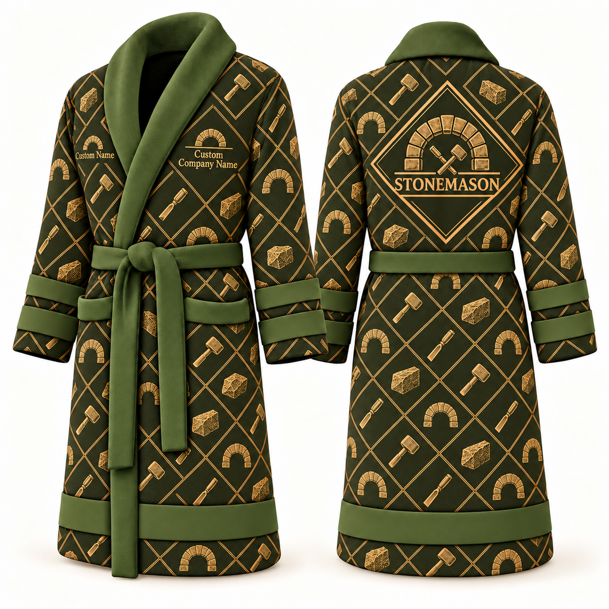 Personalized stonemason Bathrobe diamond emblems olive front and back