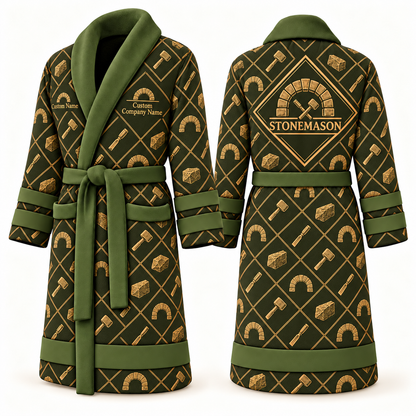 Personalized stonemason Bathrobe diamond emblems olive front and back