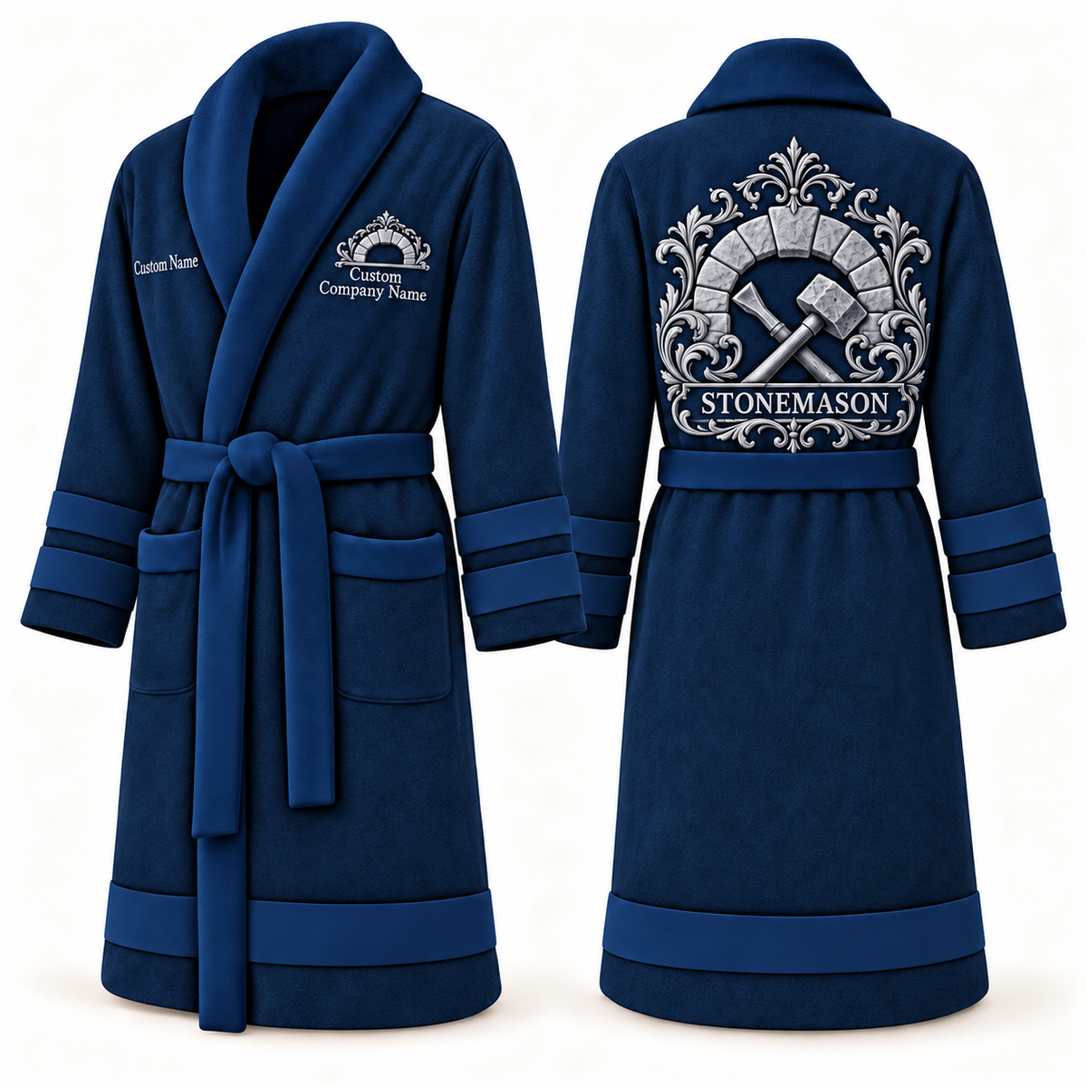 Personalized stonemason Bathrobe heritage crest blue front and back