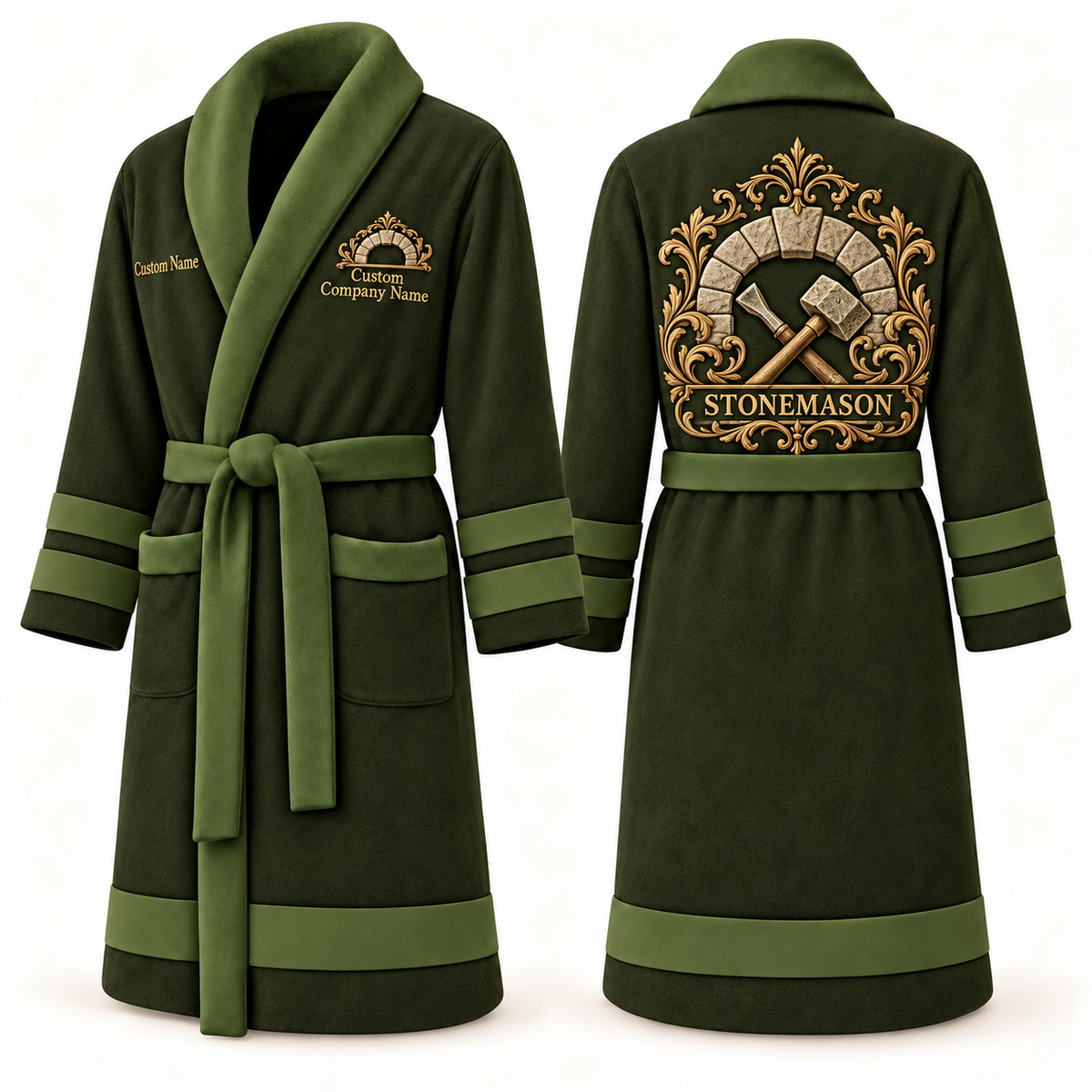 Personalized stonemason Bathrobe heritage crest olive front and back