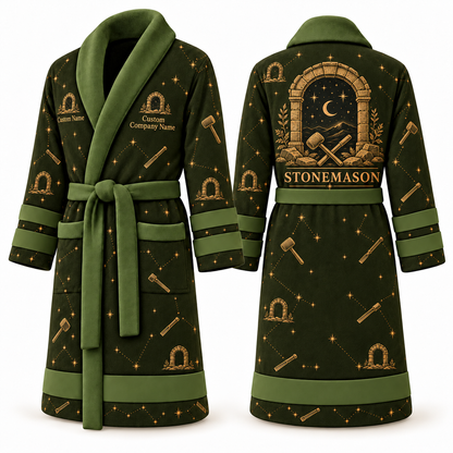 Personalized stonemason Bathrobe night shift olive front and back
