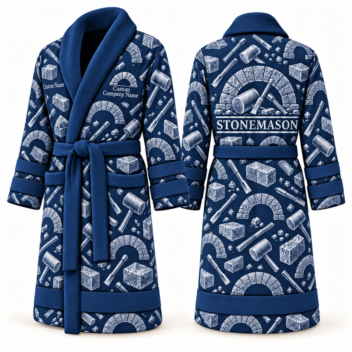 Personalized stonemason Bathrobe occupational emblems blue front and back