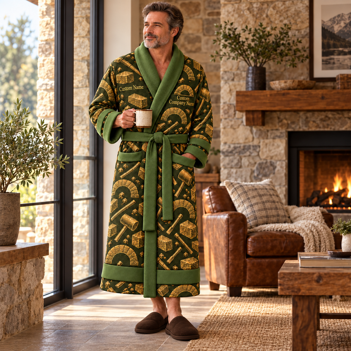 Personalized stonemason Bathrobe occupational emblems Olive lifestyle