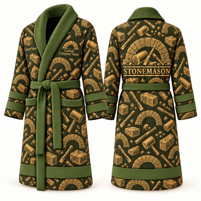 Personalized stonemason Bathrobe occupational emblems olive front and back