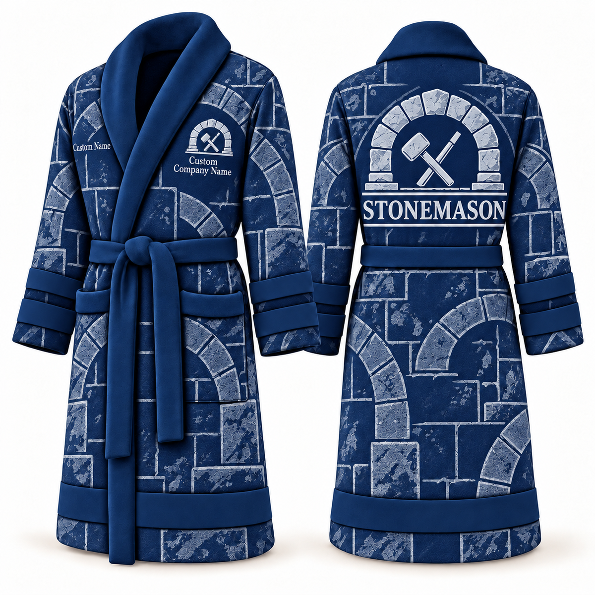 Personalized stonemason Bathrobe signature silhouette blue front and back
