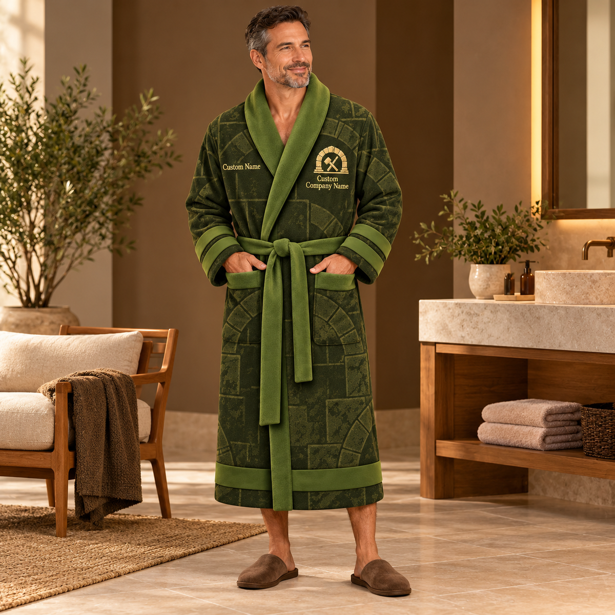 Personalized stonemason Bathrobe signature silhouette Olive lifestyle