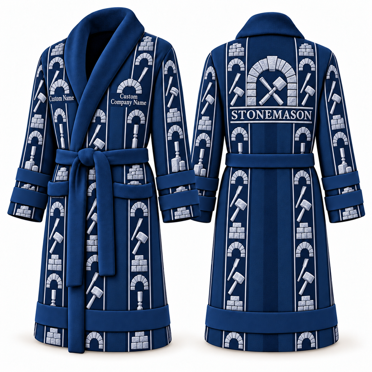 Personalized stonemason Bathrobe workbench stripes blue front and back