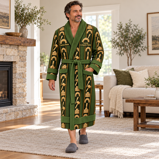 Personalized stonemason Bathrobe workbench stripes Olive lifestyle
