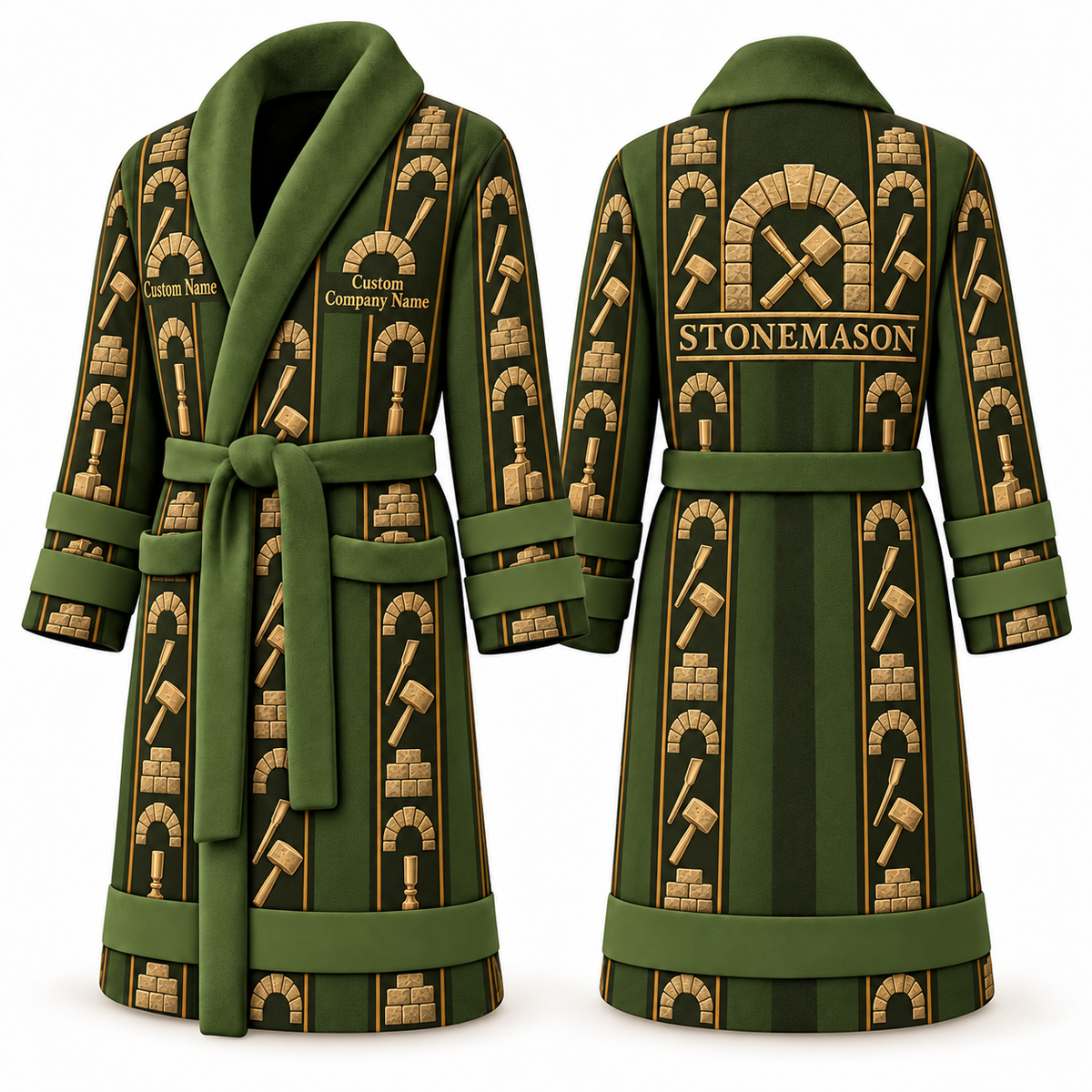 Personalized stonemason Bathrobe workbench stripes olive front and back