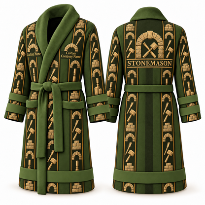 Personalized stonemason Bathrobe workbench stripes olive front and back