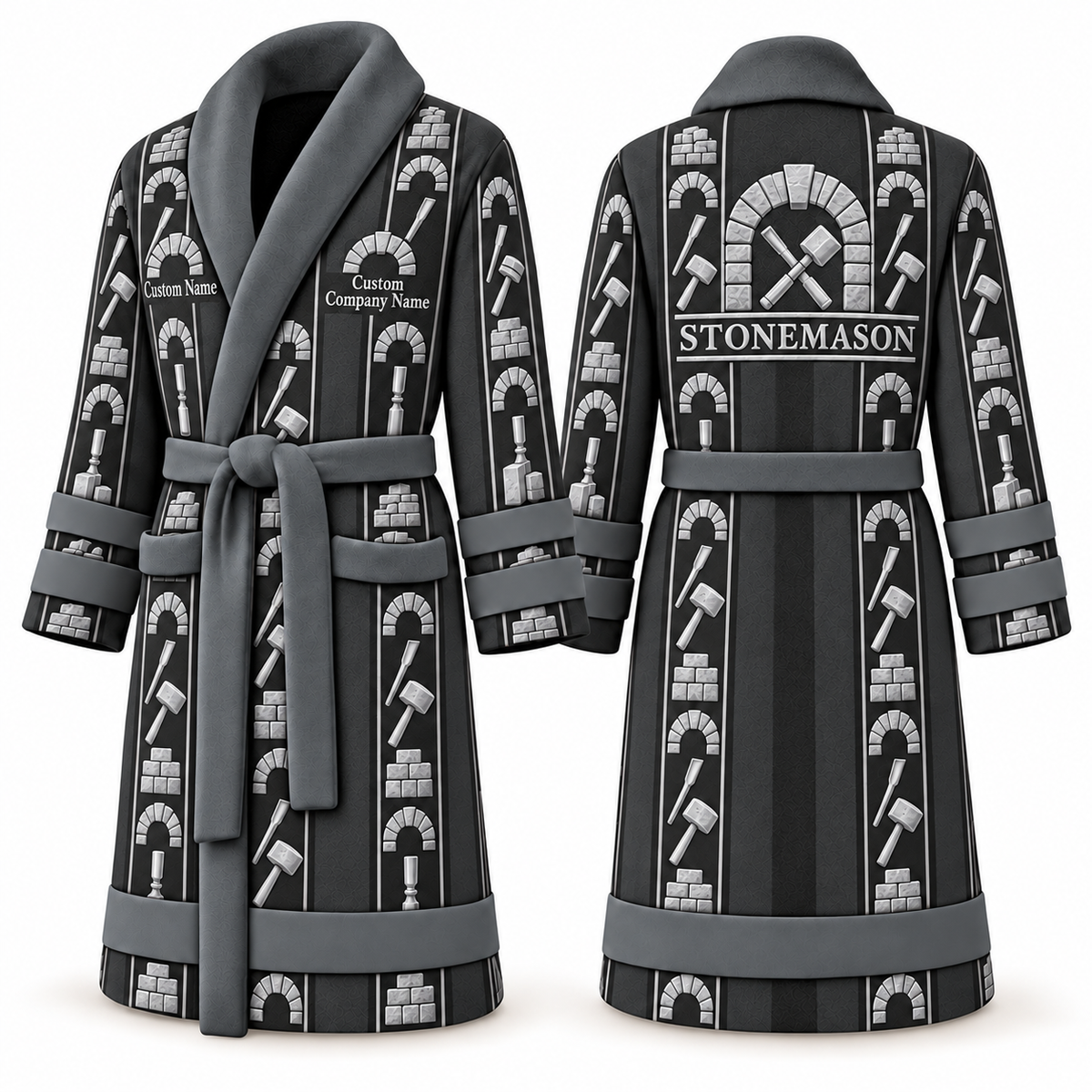 Personalized stonemason Bathrobe workbench stripes slate front and back