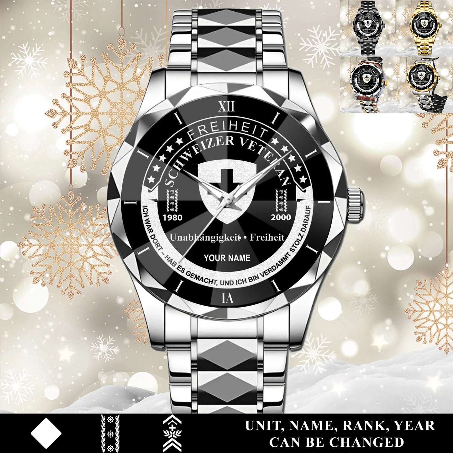 Personalized Swiss Soldier/Veteran with Name, Year and Rank Diamond-Cut Bezel Watch - 17650656