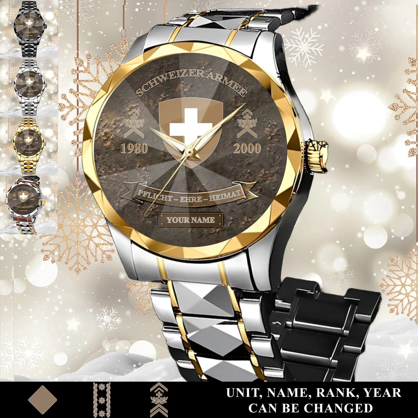Personalized Swiss Soldier/Veteran with Name, Year and Rank Diamond-Cut Bezel Watch - 17649792