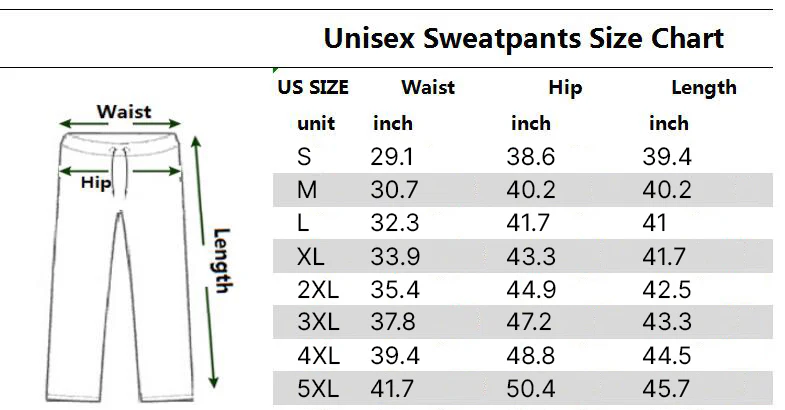 Jogger size chart S to 5XL