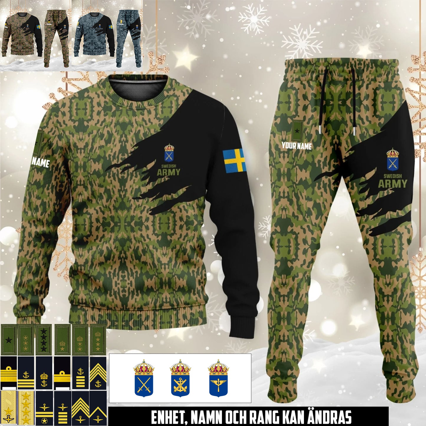 Svenskt kamouflage Sweater + Jogger – Anpassat med Namn & Rang - 17474400