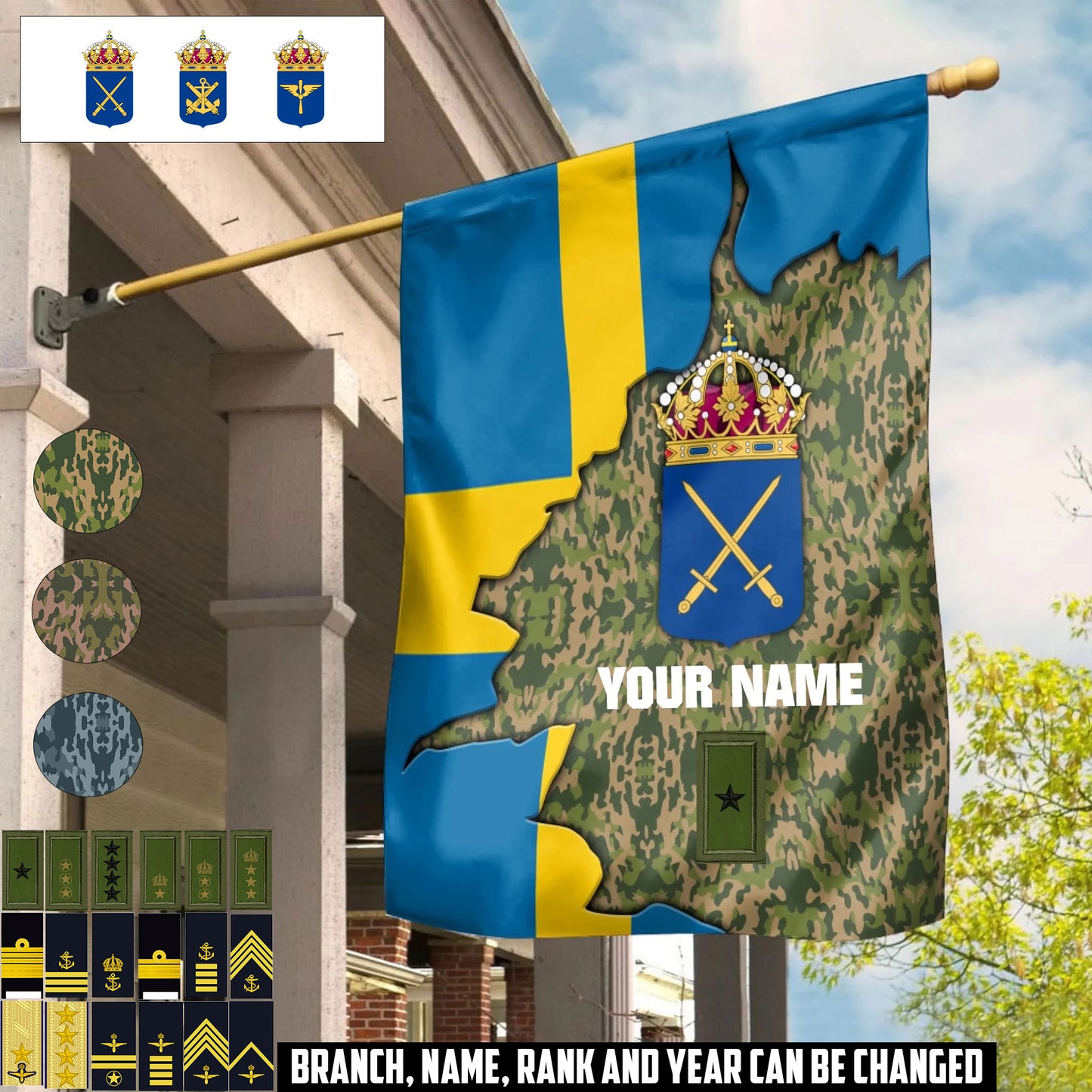 Personalized Sweden Solider/ Veteran Camo With Name & Rank House Flag 3D Printed - 1759536002