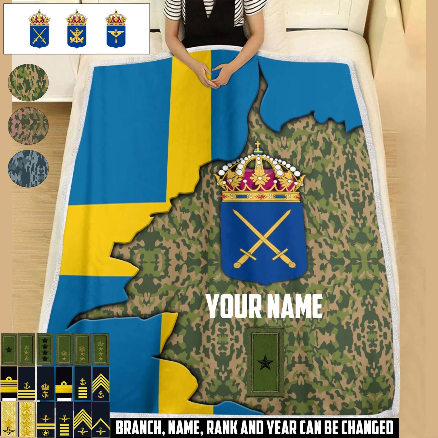 Personalized Sweden Soldier/ Veteran With Rank And  Name Fleece Blanket 3D Printed - 17607456