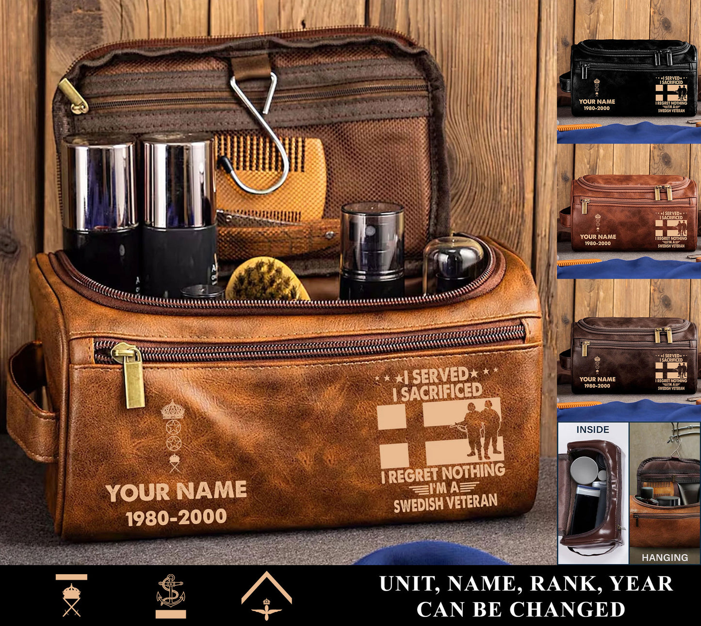 Personalized Sweden Soldier/ Veteran With Name And Rank Leather Toiletry Bag - 17591040