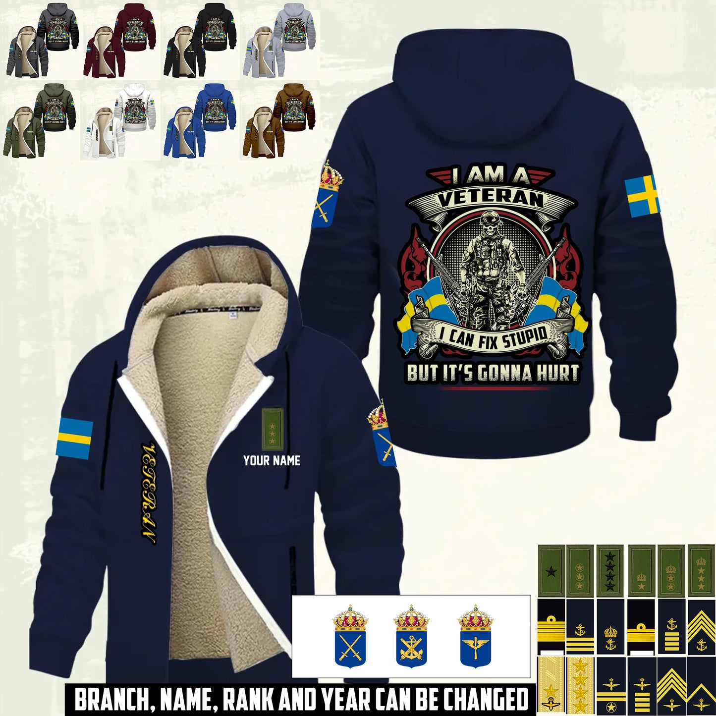 Personalized Sweden Soldier/ Veteran With Name And Rank Hoodie Zip Velvet Coat - 17552160