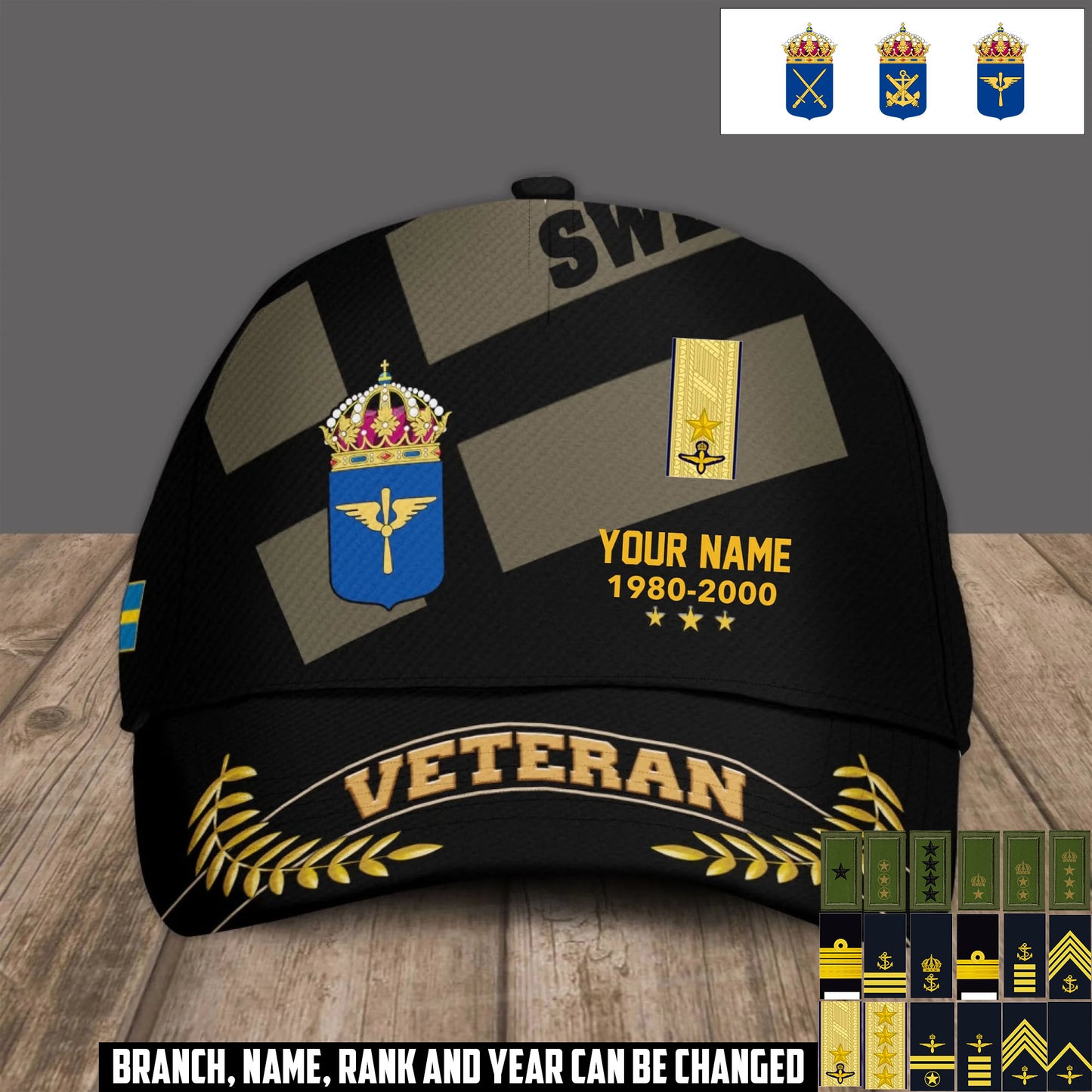 Personalized Name Year & Rank Sweden Soldier/Veterans Baseball Cap - 1759968004