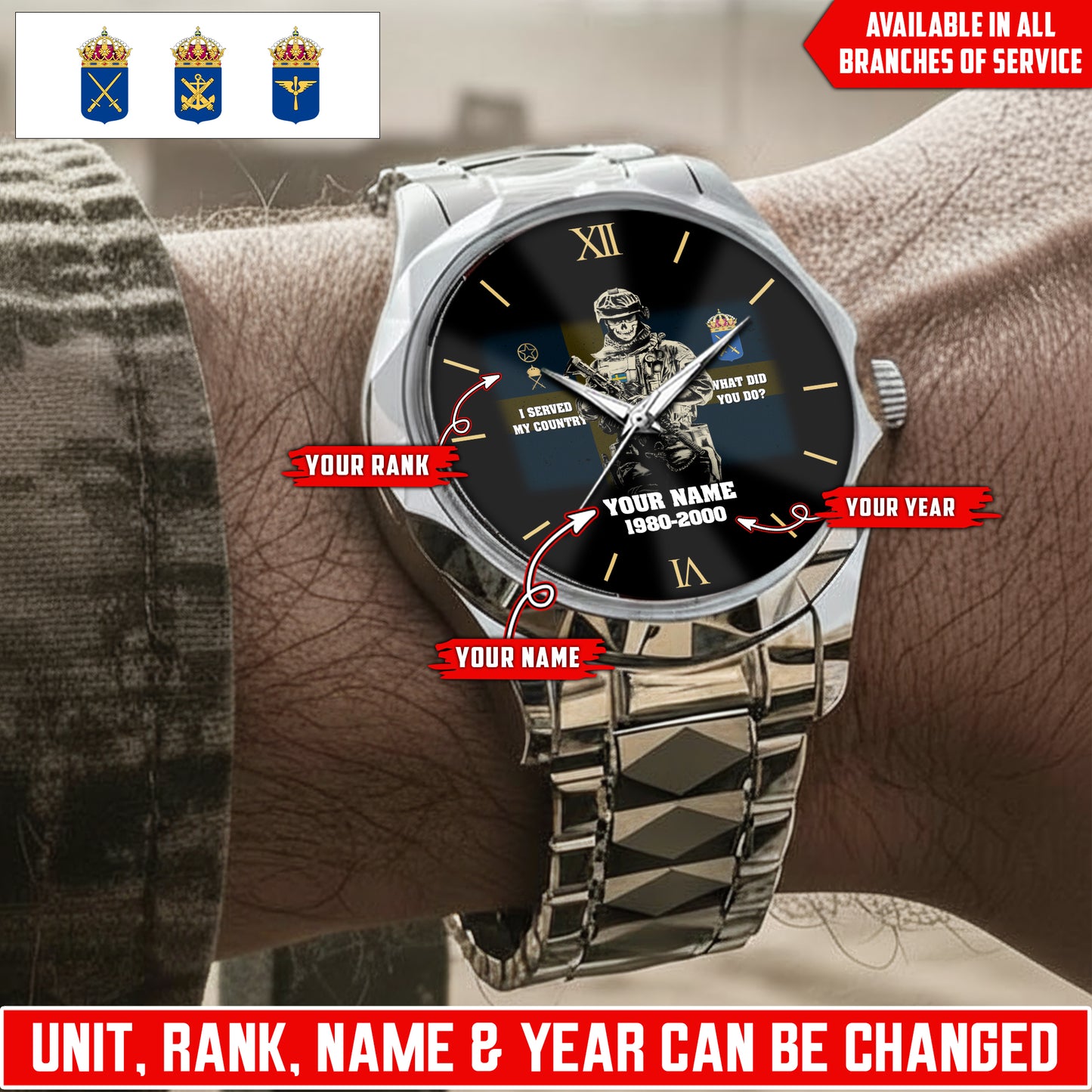 Personalized Sweden Soldier/Veteran with Name, Year and Rank Diamond-Cut Bezel Watch - 17623872
