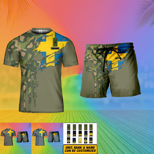 Personalized Sweden Soldier/ Veteran Camo With Name And Rank Combo T-Shirt + Short 3D Printed