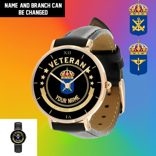 Personalized Sweden Soldier/ Veteran With Name Black Stitched Leather Watch - 1103240001 - Gold Version