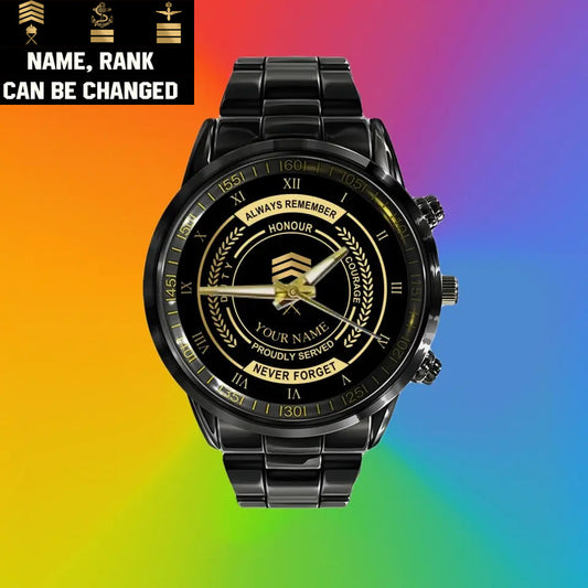 Personalized Sweden Soldier/ Veteran With Name And Rank Black Stainless Steel Watch - 0603240002 - Gold Version