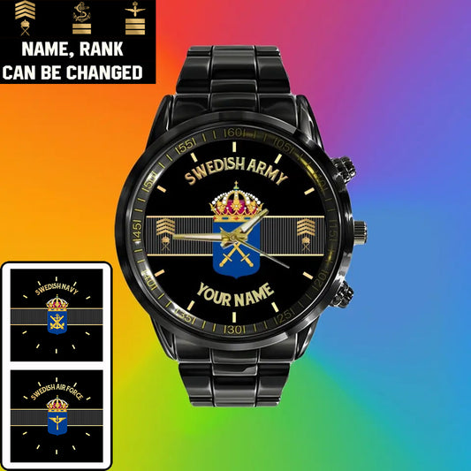Personalized Sweden Soldier/ Veteran With Name And Rank Black Stainless Steel Watch - 0703240001 - Gold Version