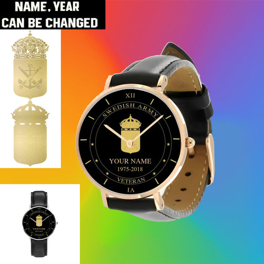 Personalized Sweden Soldier/ Veteran With Name And Year Black Stitched Leather Watch - 1603240001 - Gold Version