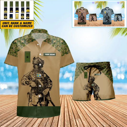 Personalized Sweden Soldier/ Veteran Camo With Rank Combo Hawaii Shirt + Short 3D Printed - 1212230001QA